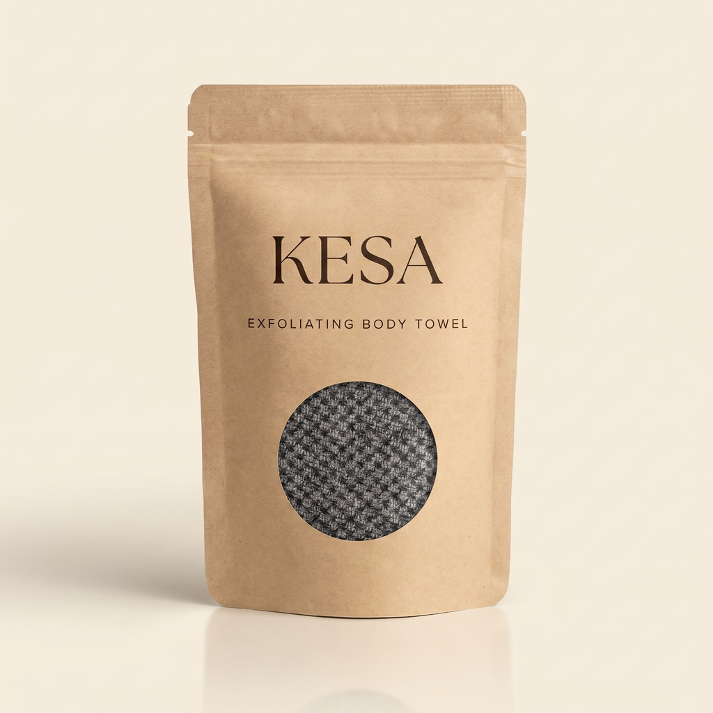 KESA exfoliating body towel in recyclable kraft pouch