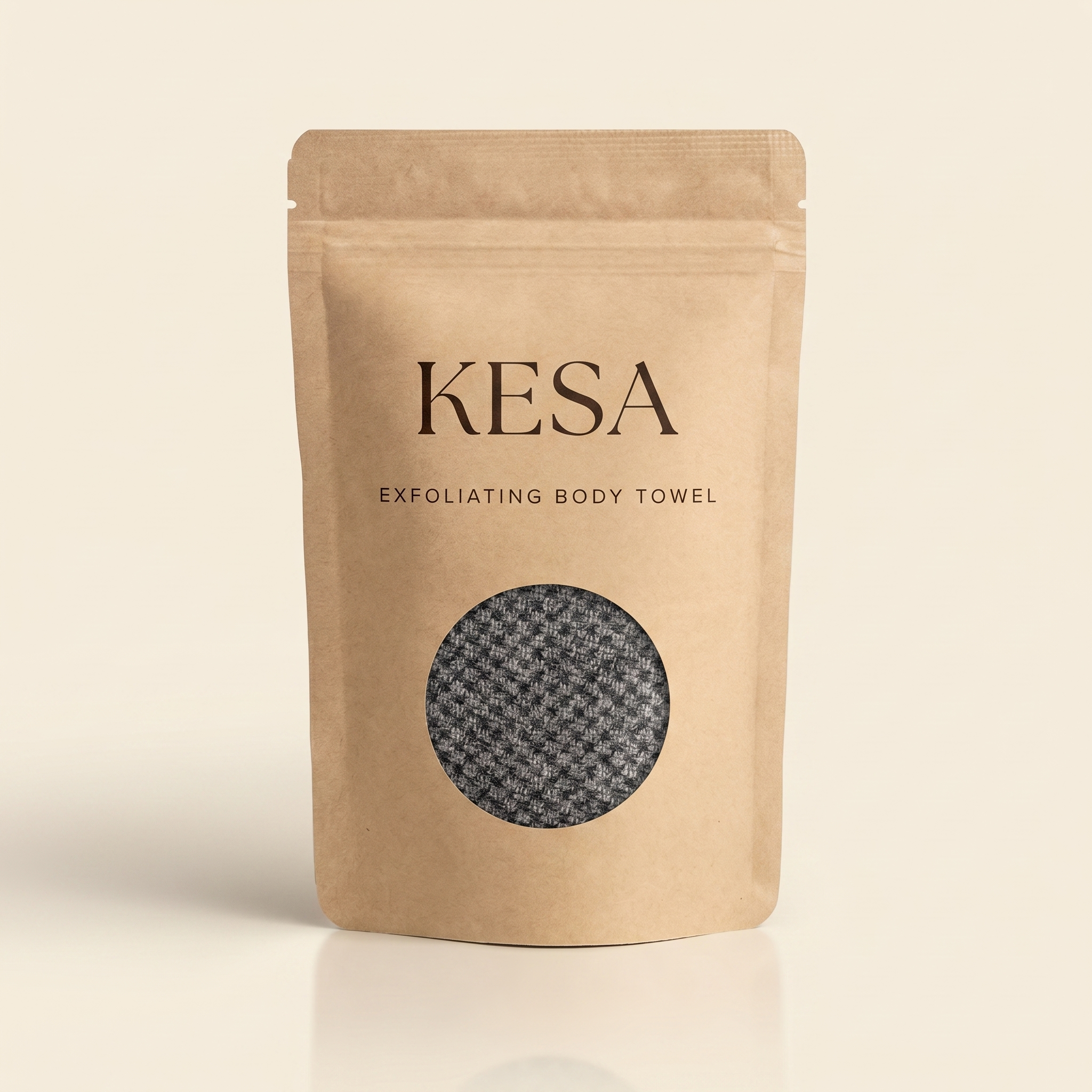 KESA exfoliating body towel in recyclable kraft pouch